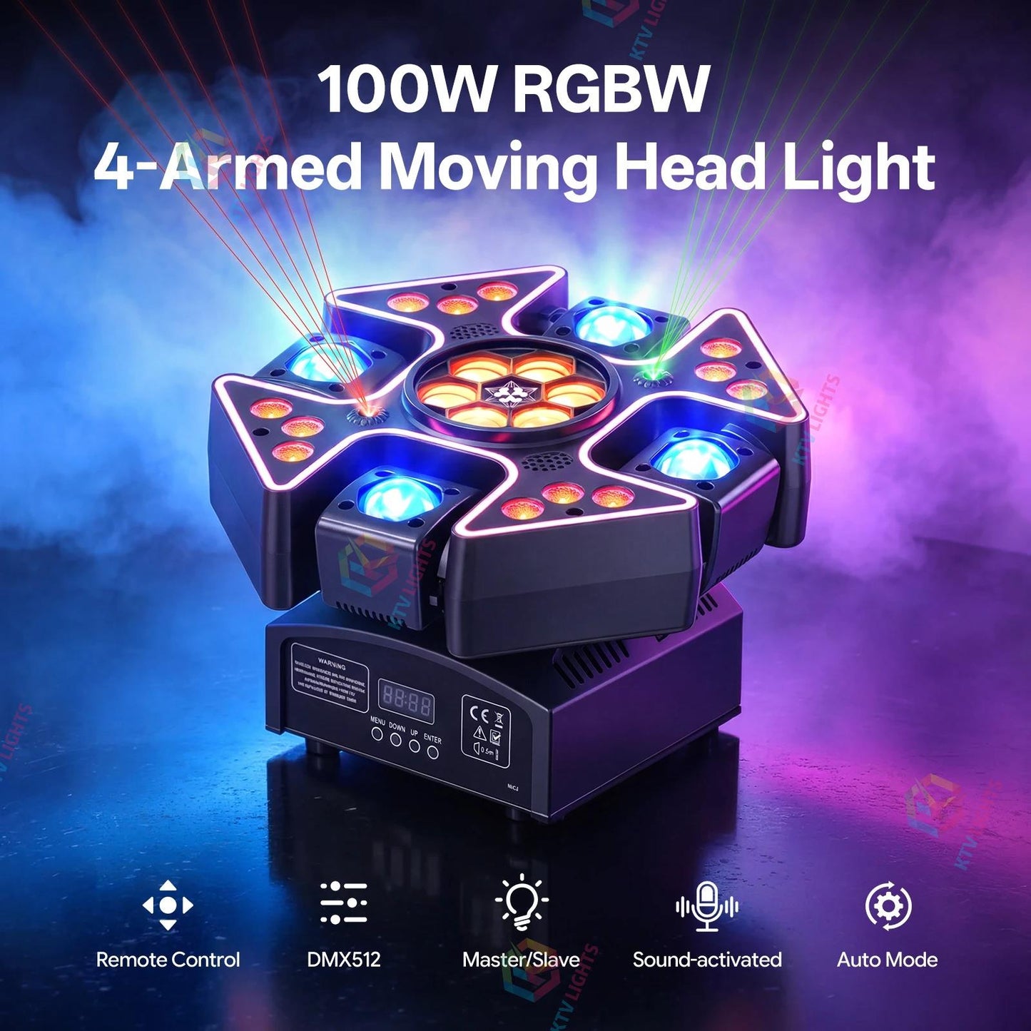 KTVLIGHTS 100W 4-Arm RGBW Moving Head DJ Stage Light DMX Party- E79