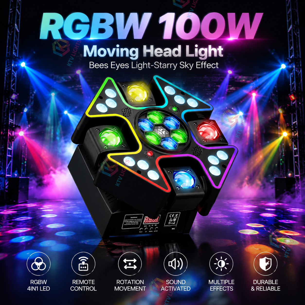 KTVLIGHTS 100W 4-Arm RGBW Moving Head DJ Stage Light DMX Party- E79