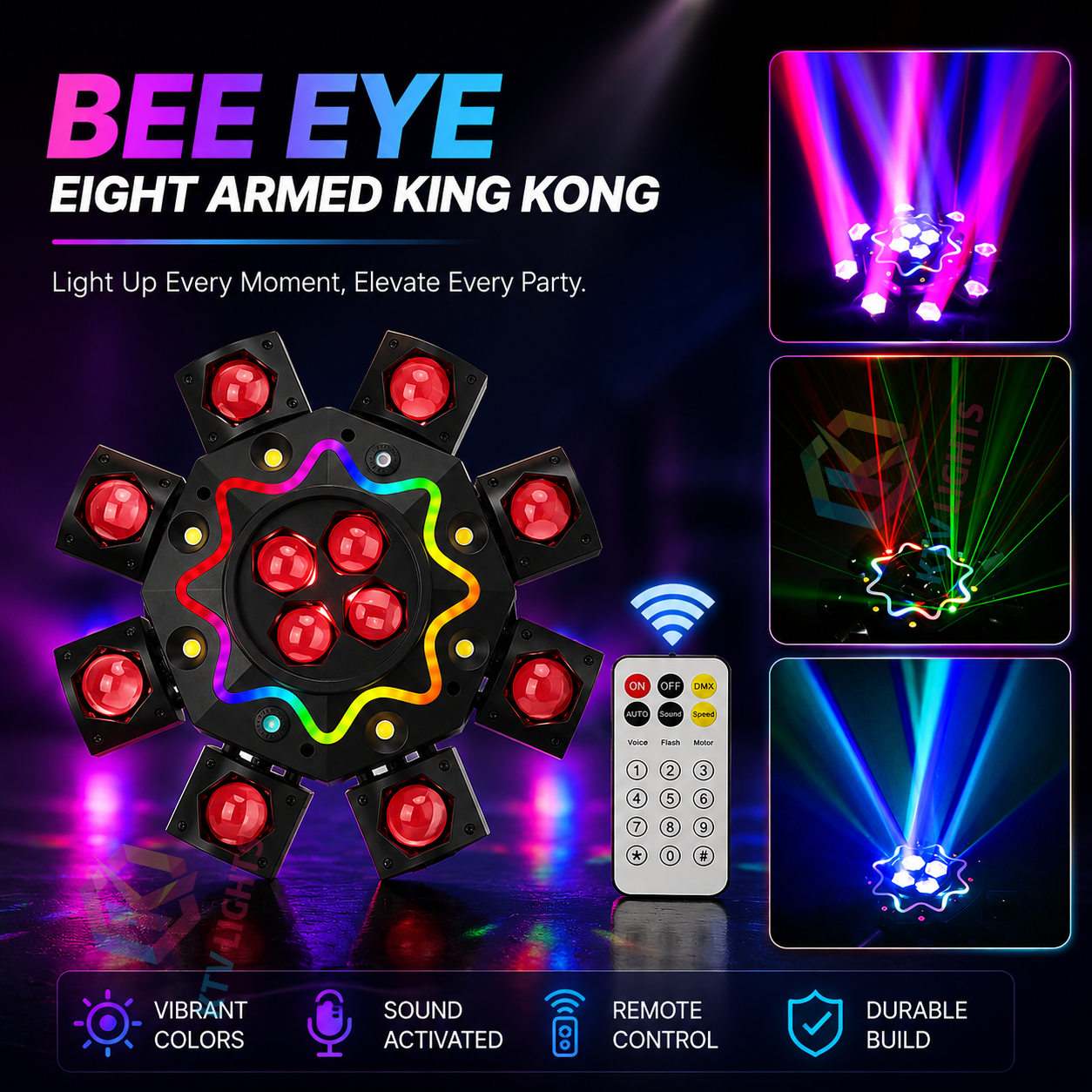 KTVLIGHTS 200W Bee Eye 8 Arm Moving Head Light DJ Stage Lighting-E81