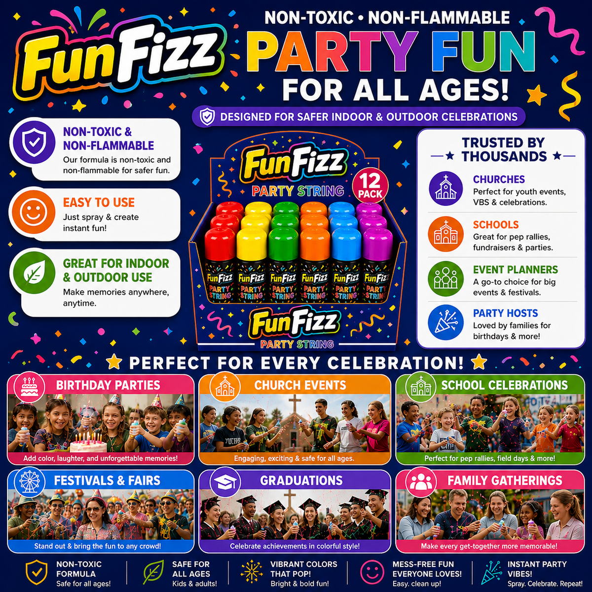 FunFizz Silly Party String Spray – 12 Pack, Non-Toxic Assorted Colors