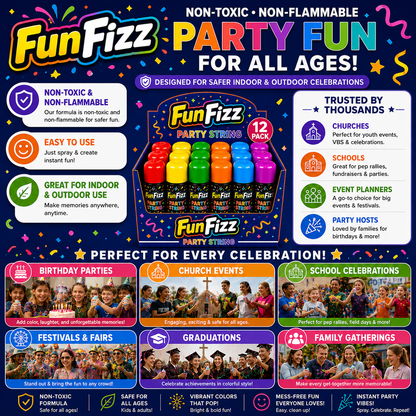 FunFizz Silly Party String Spray – 12 Pack, Non-Toxic Assorted Colors