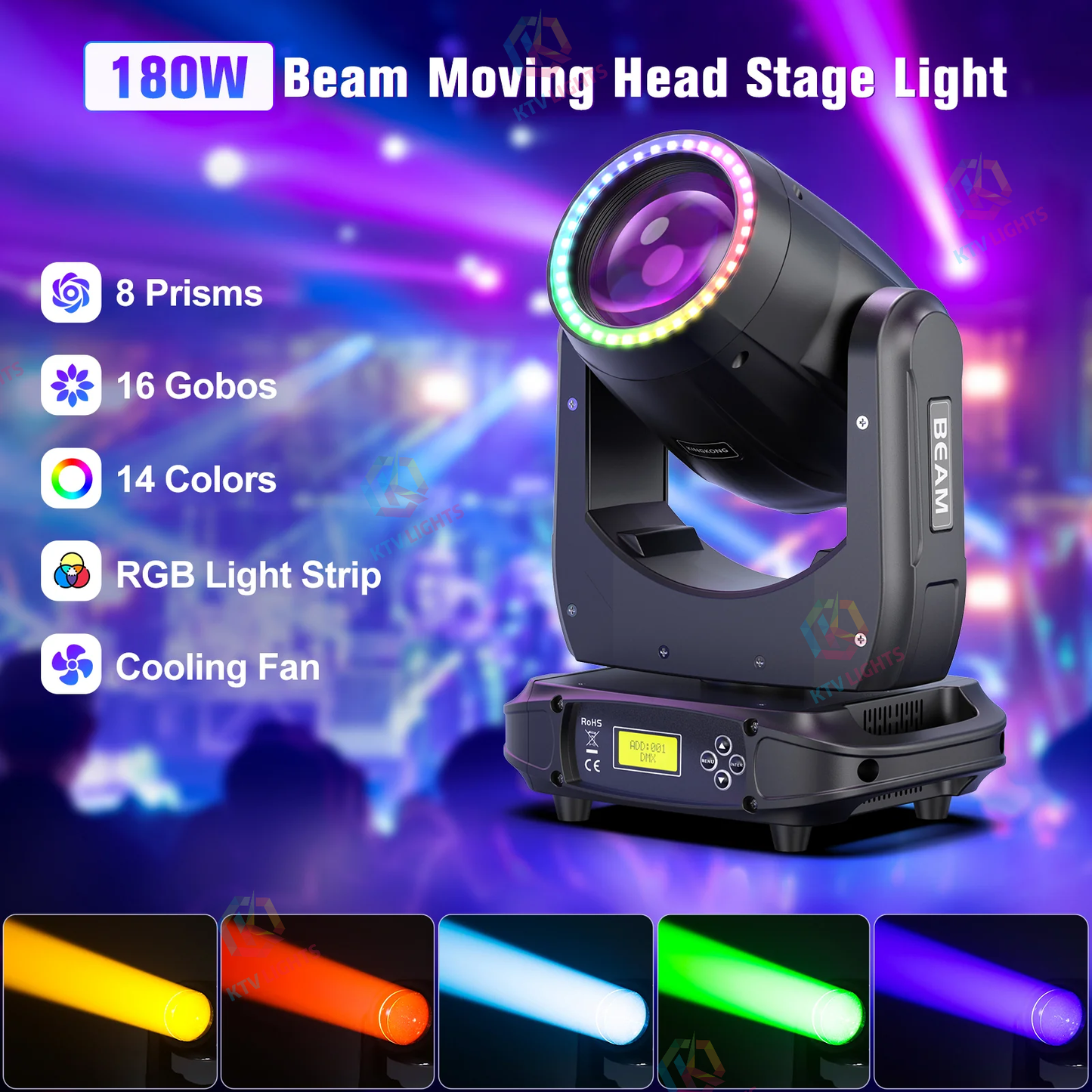 KTVLIGHTS 180W Rainbow Beam Pattern Moving Head DJ Stage Light-E43