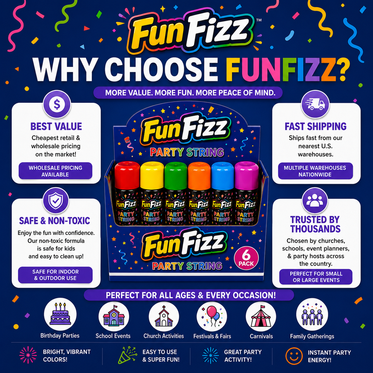 FunFizz Silly Party String Spray – 6 Pack, Non-Toxic Assorted Colors