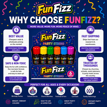 FunFizz Silly Party String Spray – 6 Pack, Non-Toxic Assorted Colors