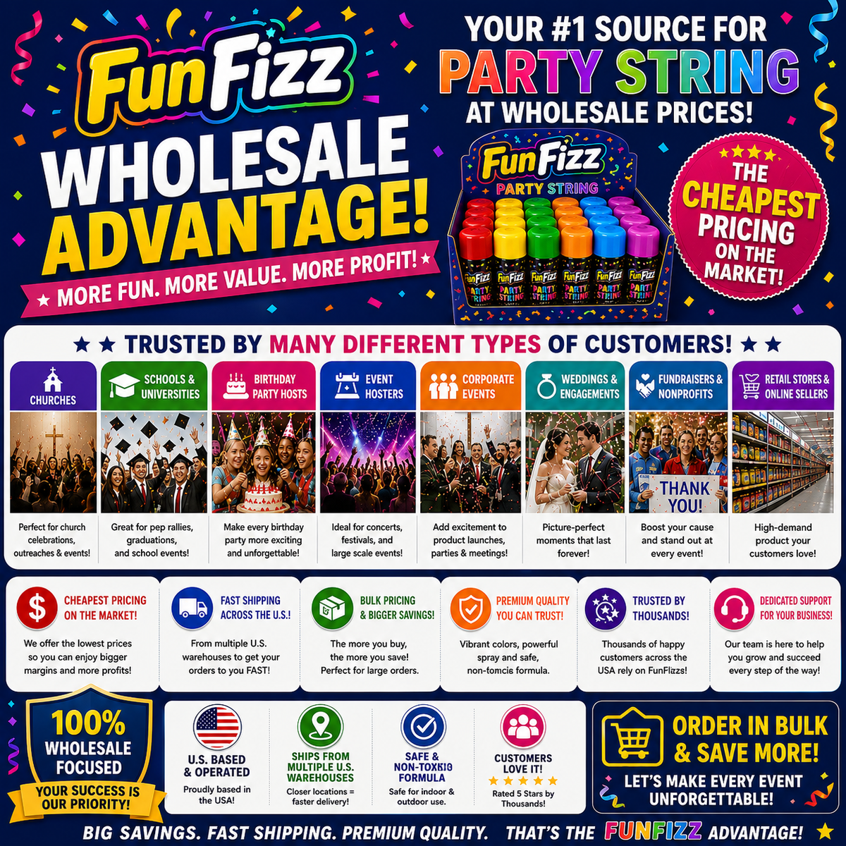 FunFizz Silly Party String Spray Bulk – 96 Pack, Non-Toxic Assorted Colors