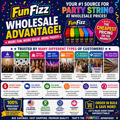 FunFizz Silly Party String Spray Bulk – 96 Pack, Non-Toxic Assorted Colors