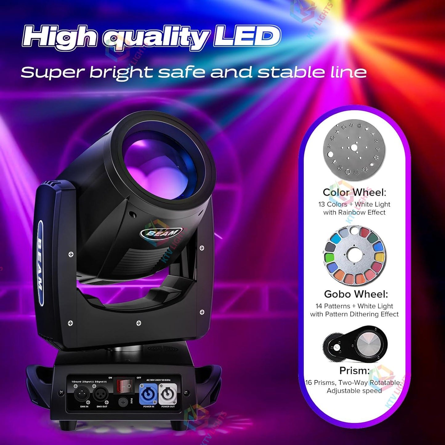 KTVLIGHTS 230W 7R Beam Moving Head Light with 24 Prism Effects-E21
