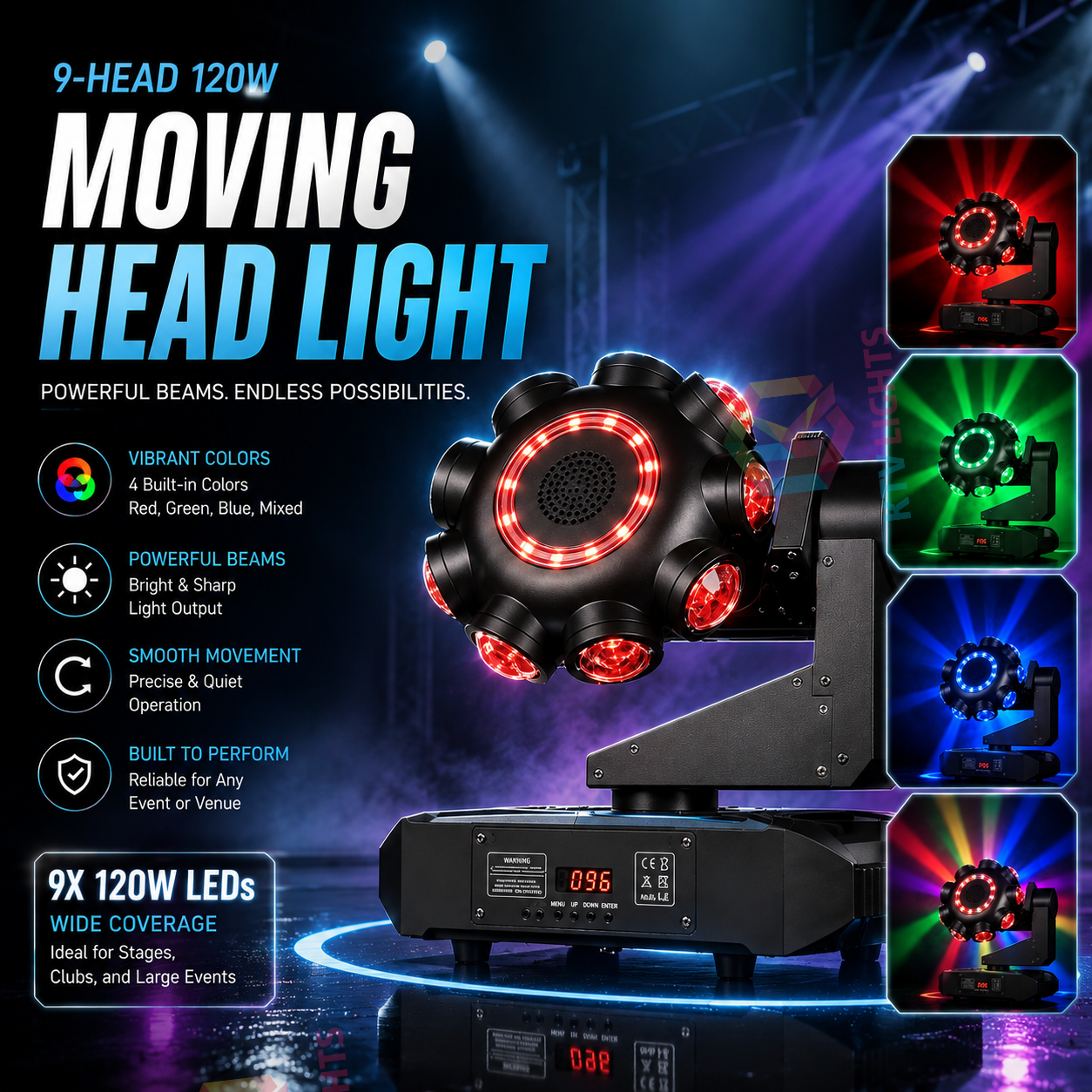 KTVLIGHTS 9 Head Hot Wheels LED Beam Moving Head Light - E22