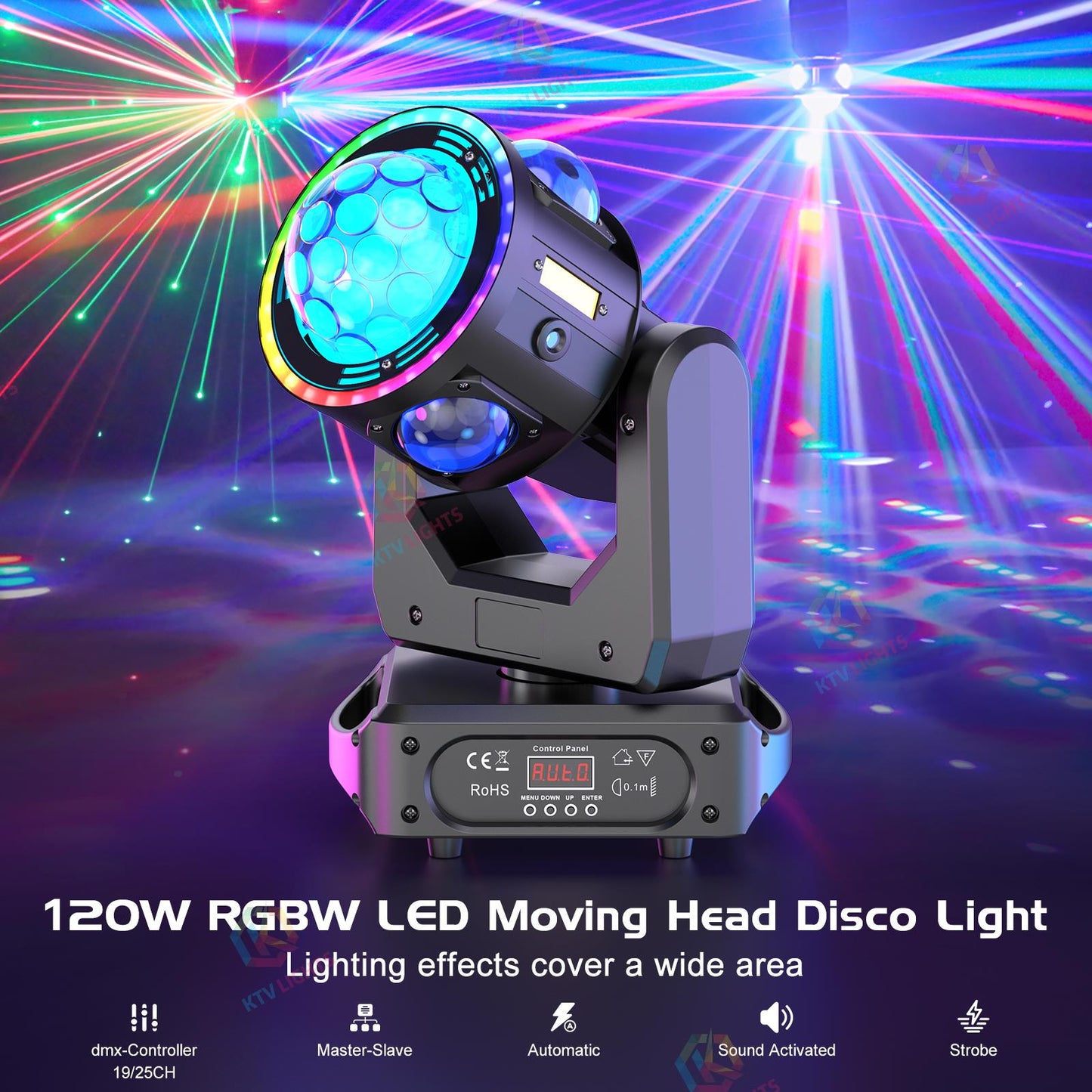 KTVLIGHTS 120W RGBW Beam Moving Head Light DJ Stage Lighting-E10