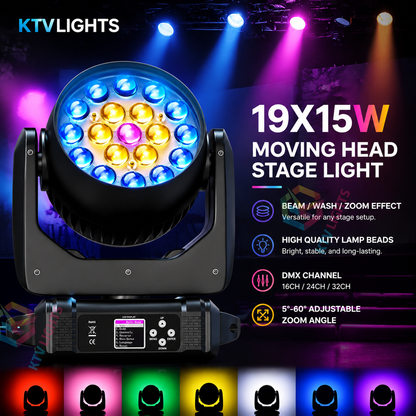 KTVLIGHTS LED 285W RGBW 19 LED Moving Head Light DJ Stage Lighting-E54