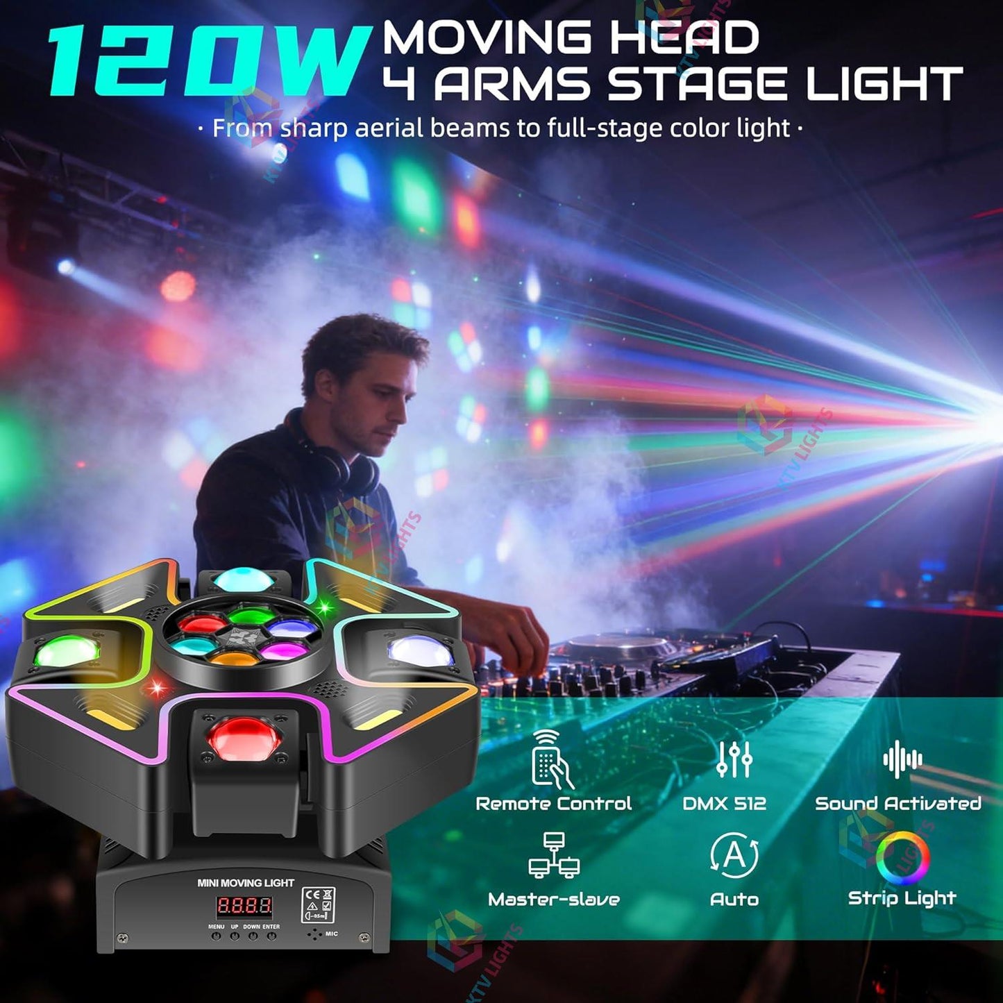 KTVLIGHTS 120W Quad Arm LED Moving Head Light RGBW DJ Lighting-E71