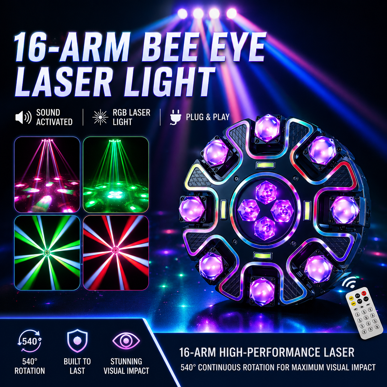 KTVLIGHTS 16-Arm Bee Eye Laser Moving Head DJ Party Light - E78
