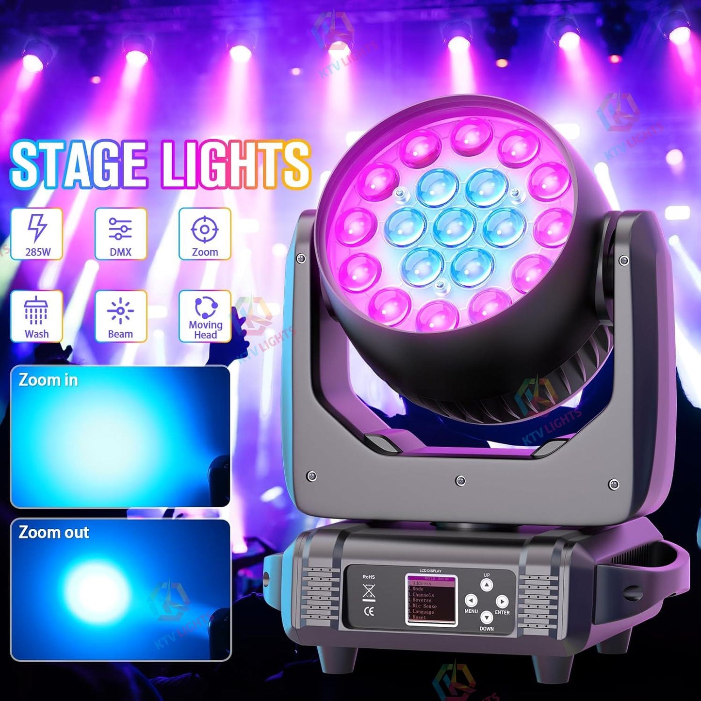 KTVLIGHTS LED 285W RGBW 19 LED Moving Head Light DJ Stage Lighting-E54
