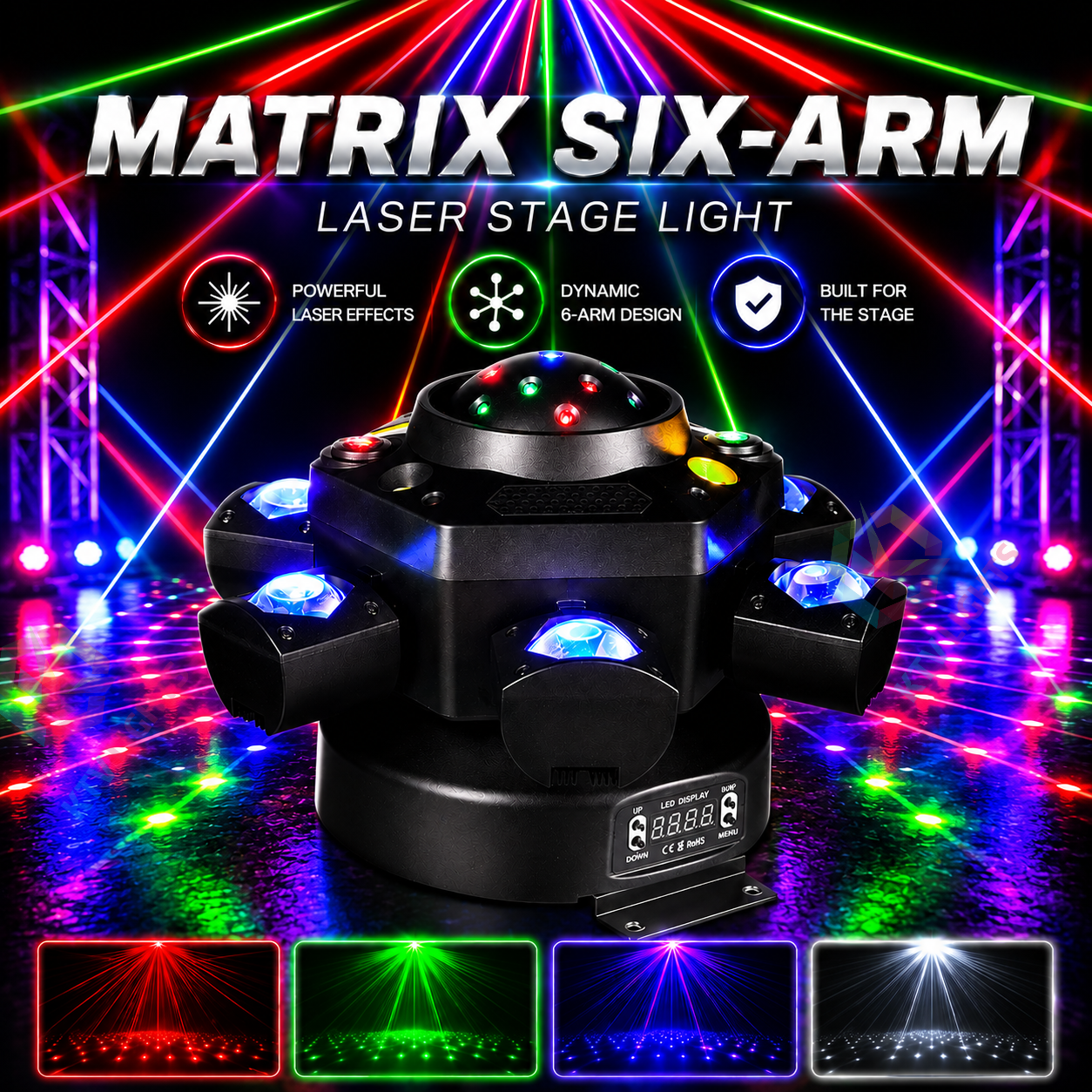 KTVLIGHTS Matrix Six Arm Laser Stage Light RGBW DJ Lighting - E69