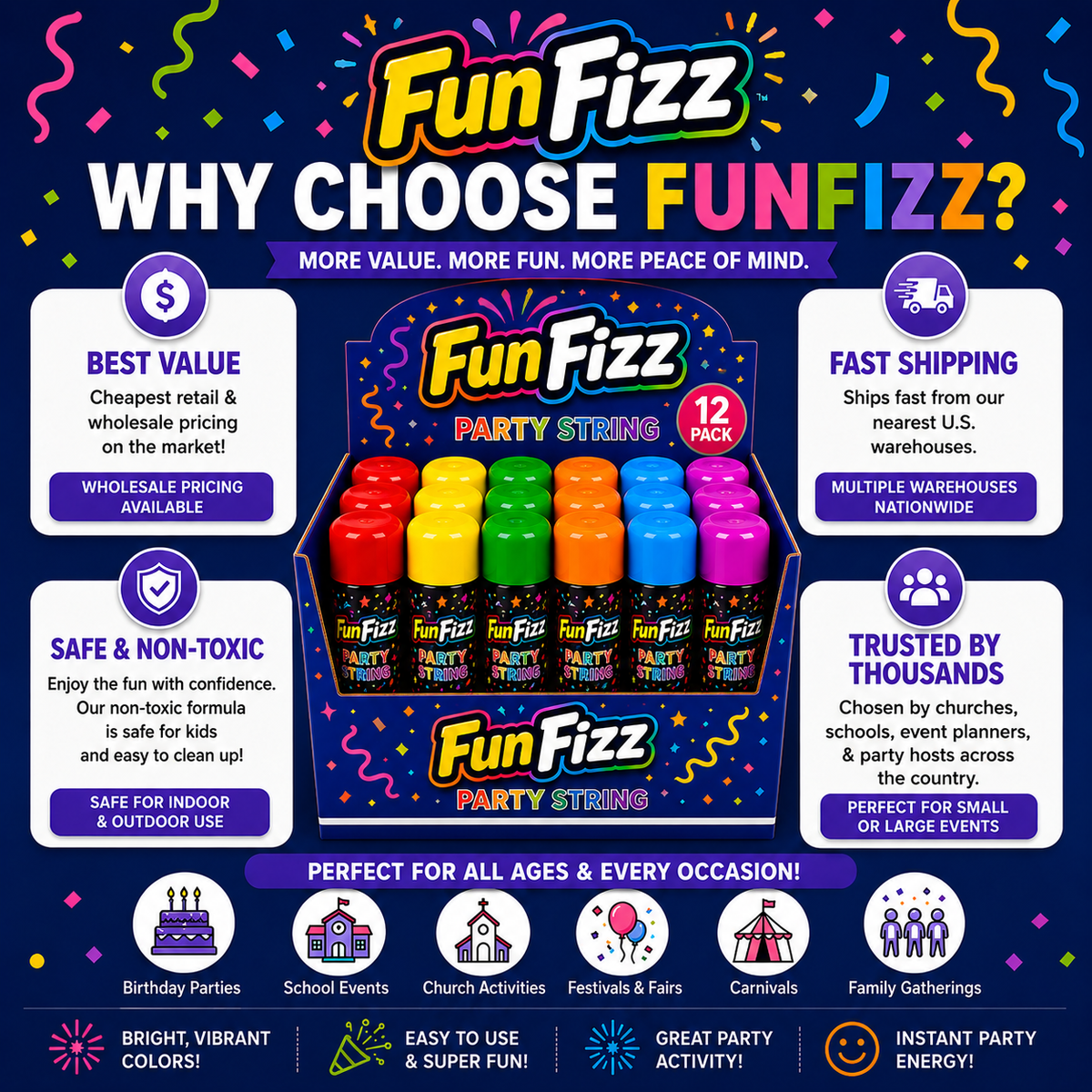 FunFizz Silly Party String Spray – 12 Pack, Non-Toxic Assorted Colors