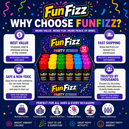 FunFizz Silly Party String Spray – 12 Pack, Non-Toxic Assorted Colors