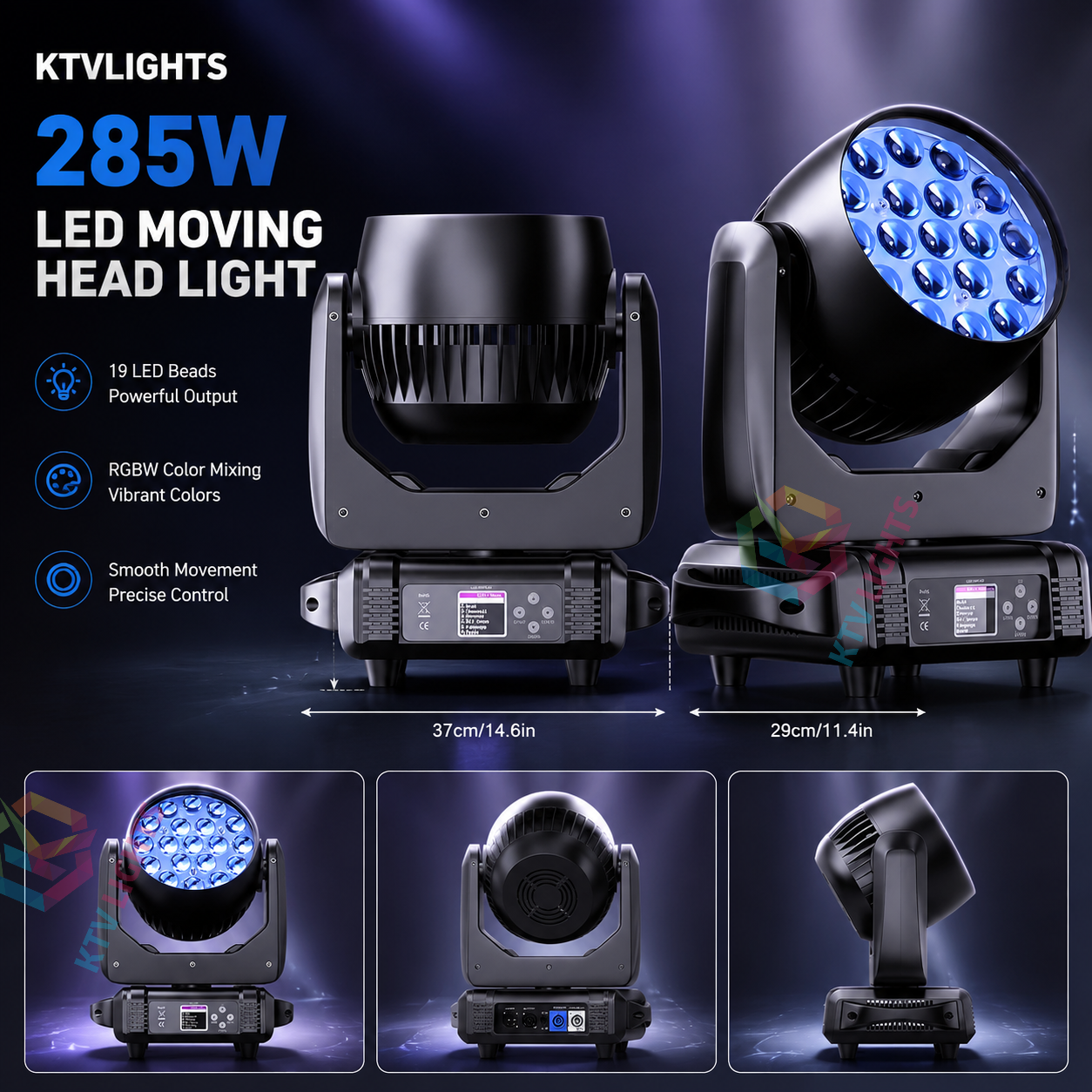 KTVLIGHTS LED 285W RGBW 19 LED Moving Head Light DJ Stage Lighting-E54