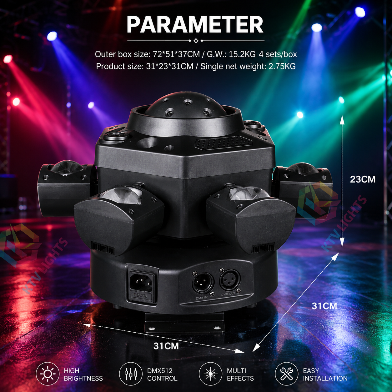 KTVLIGHTS Matrix Six Arm Laser Stage Light RGBW DJ Lighting - E69