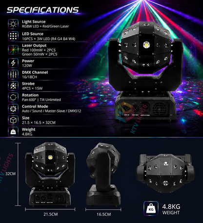 KTVLIGHTS 3-in-1 RGBW Laser Scanning Moving Head DJ Stage Light-B6