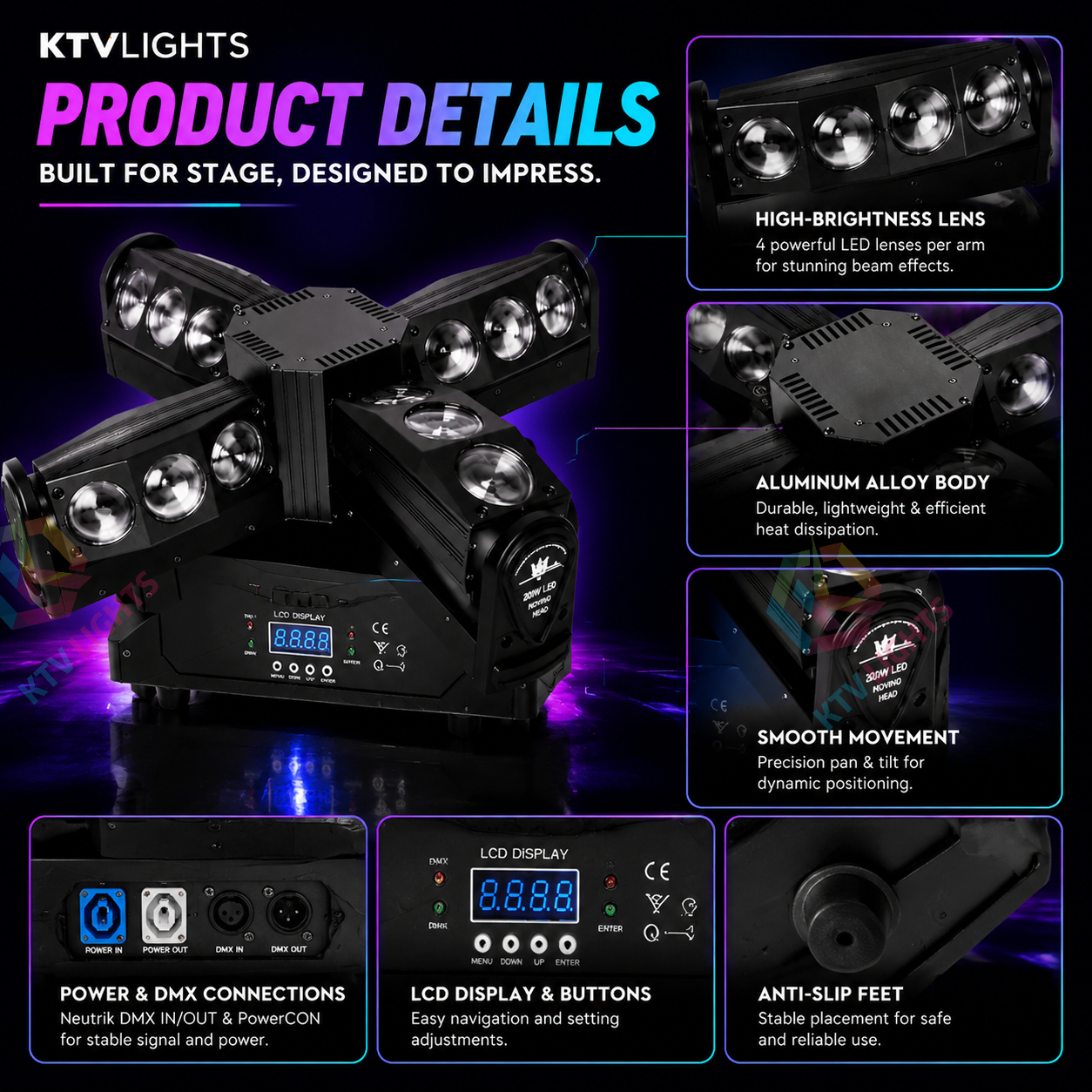 KTVLIGHTS  200W 4-in-1 Cross Moving Head DJ Stage Light- B8