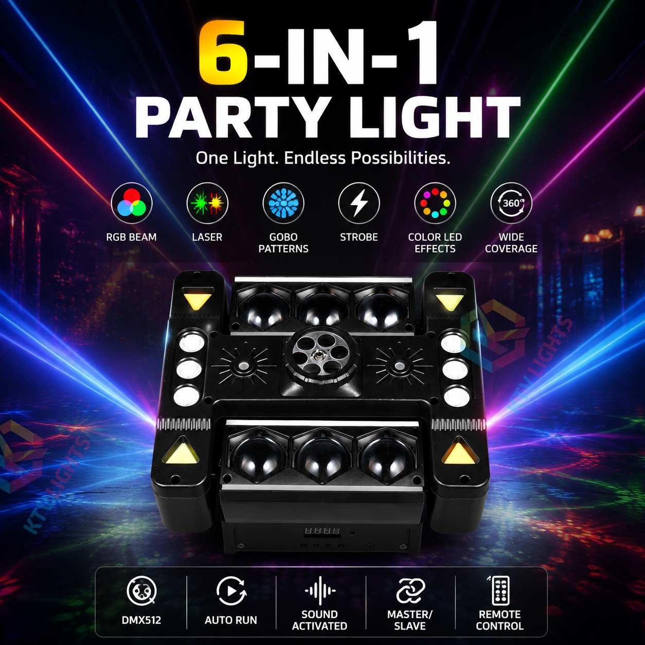 KTVLIGHTS 6 Arm RGB Laser Moving Head DJ Stage Light-E91