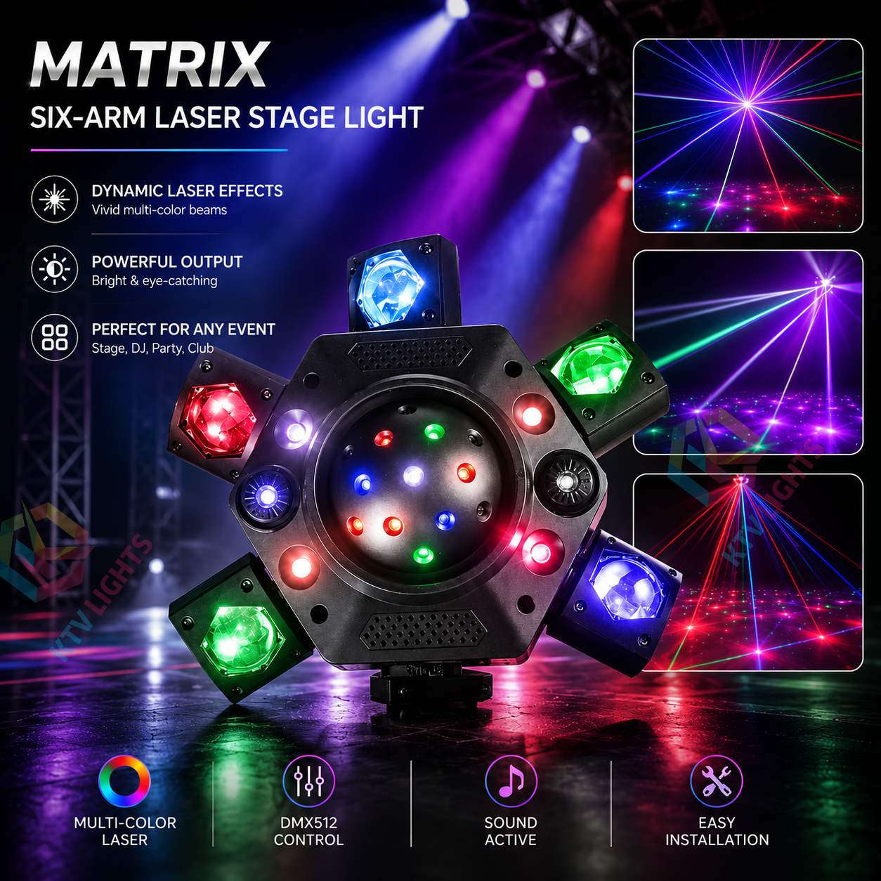 KTVLIGHTS Matrix Six Arm Laser Stage Light RGBW DJ Lighting - E69