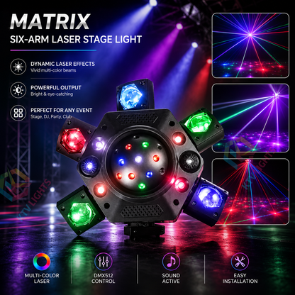 KTVLIGHTS Matrix Six Arm Laser Stage Light RGBW DJ Lighting - E69