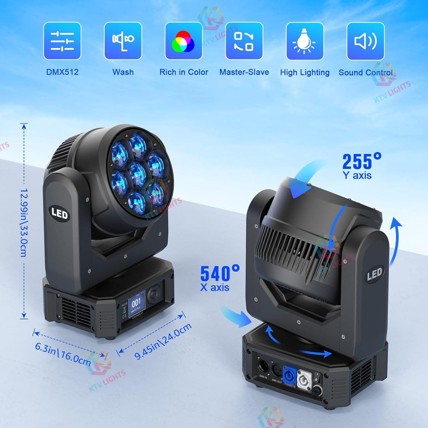 KTVLIGHTS 6 280W RGBW 4-in-1 Moving Head Light for DJ Stage -E45