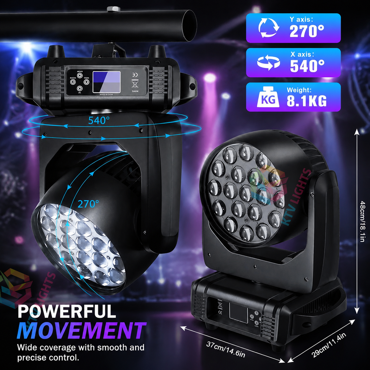 KTVLIGHTS LED 285W RGBW 19 LED Moving Head Light DJ Stage Lighting-E54