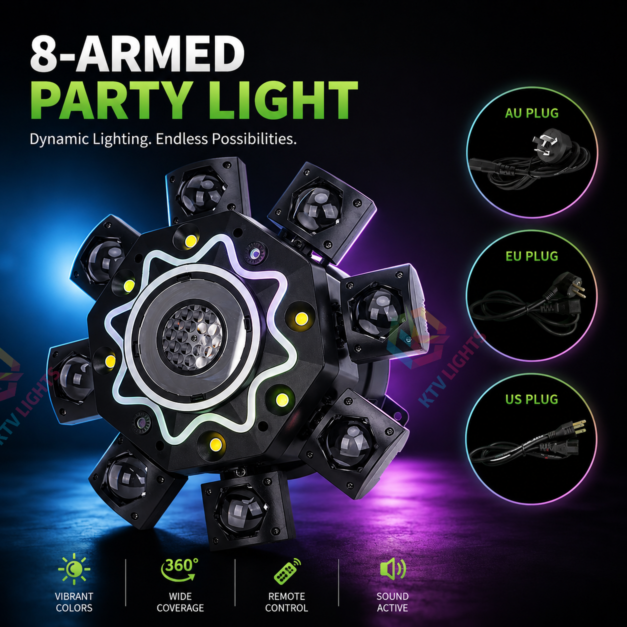 KTVLIGHTS 8 Arm RGBW Moving Head DJ Stage Light-E88