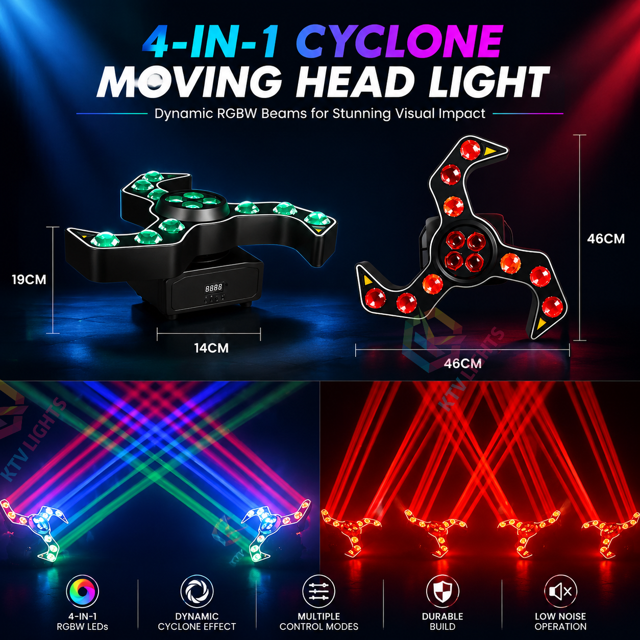 KTVLIGHTS 120W 4-in-1 Cyclone Moving Head Light RGBW DJ Lighting - E70