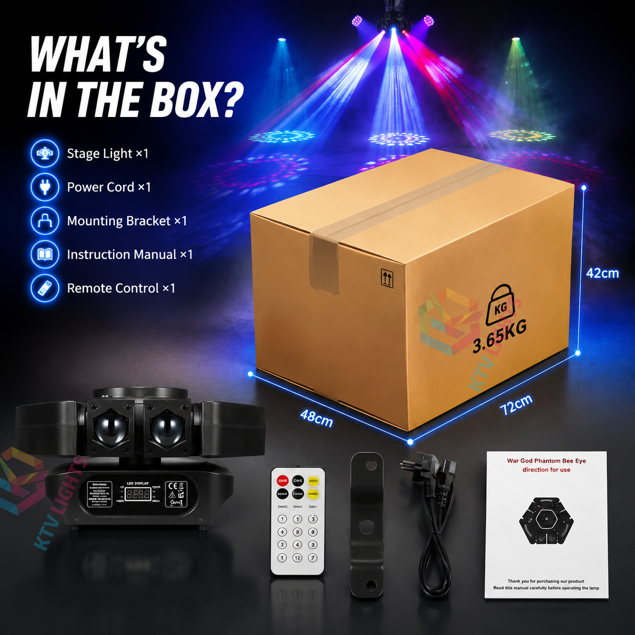 KTVLIGHTS 4-in-1 War God Moving Head Light RGBW DJ Stage Lighting-E56