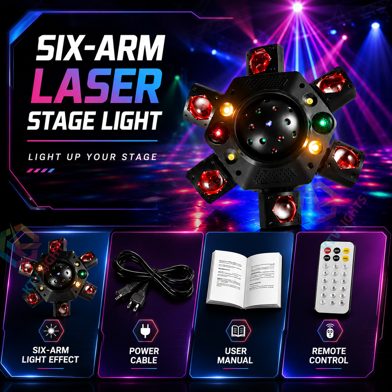 KTVLIGHTS Matrix Six Arm Laser Stage Light RGBW DJ Lighting - E69