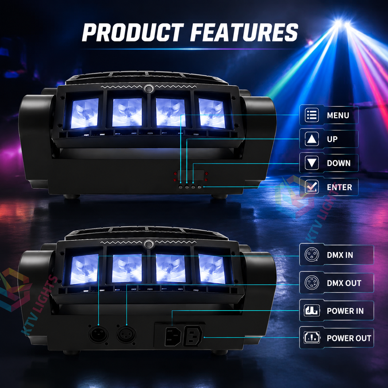 KTVLIGHTS 4-in-1 RGBW LED Moving Head Light for Party Shows-E23
