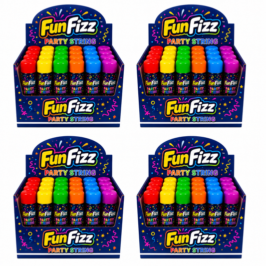 FunFizz Silly Party String Spray (96-Pack Bulk Case) – Non-Toxic Color String for School Events, Field Days, Carnivals, Birthday Parties, Weddings & Large Celebrations