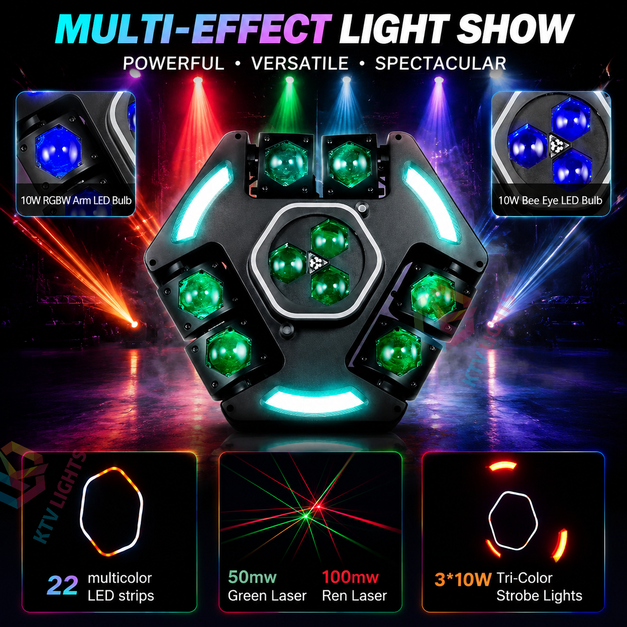 KTVLIGHTS 4-in-1 War God Moving Head Light RGBW DJ Stage Lighting-E56