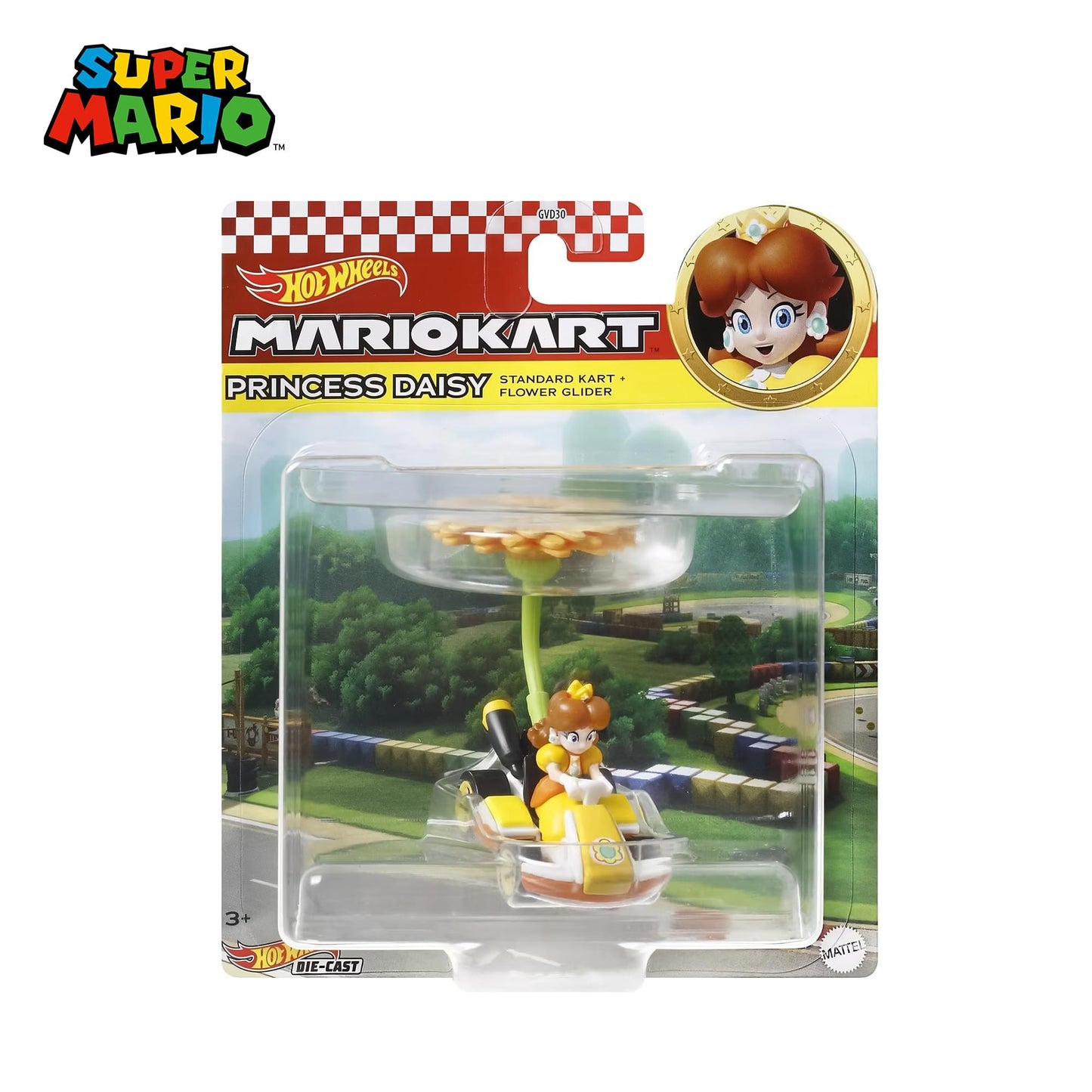 Hot Wheels 1:64 Scale Mario Kart | Princess Daisy Standard Kart + Flower Glider