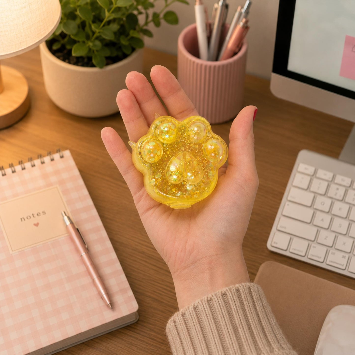 Glitter Cat Paw 3-Inch Squishy Stress Reliever | Yellow