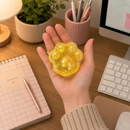 Glitter Cat Paw 3-Inch Squishy Stress Reliever | Yellow