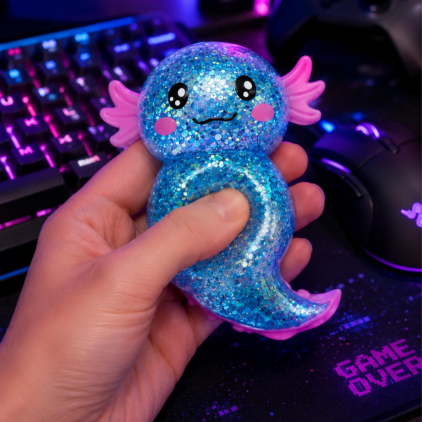 Glitter Axolotl 4-Inch Squishy Stress Reliever | Blue