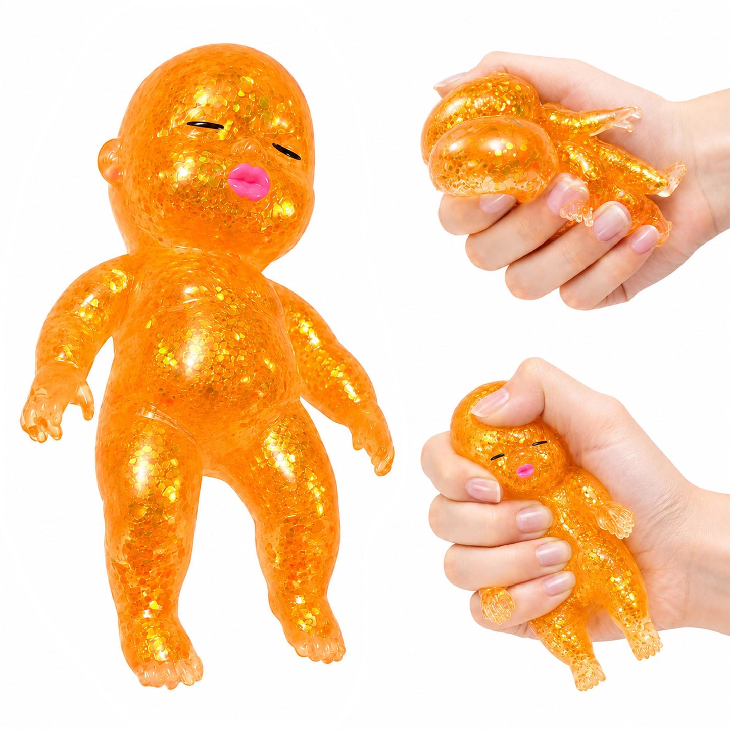 Squishy Glitter Baby 4-Inch Stress Reliever | Orange