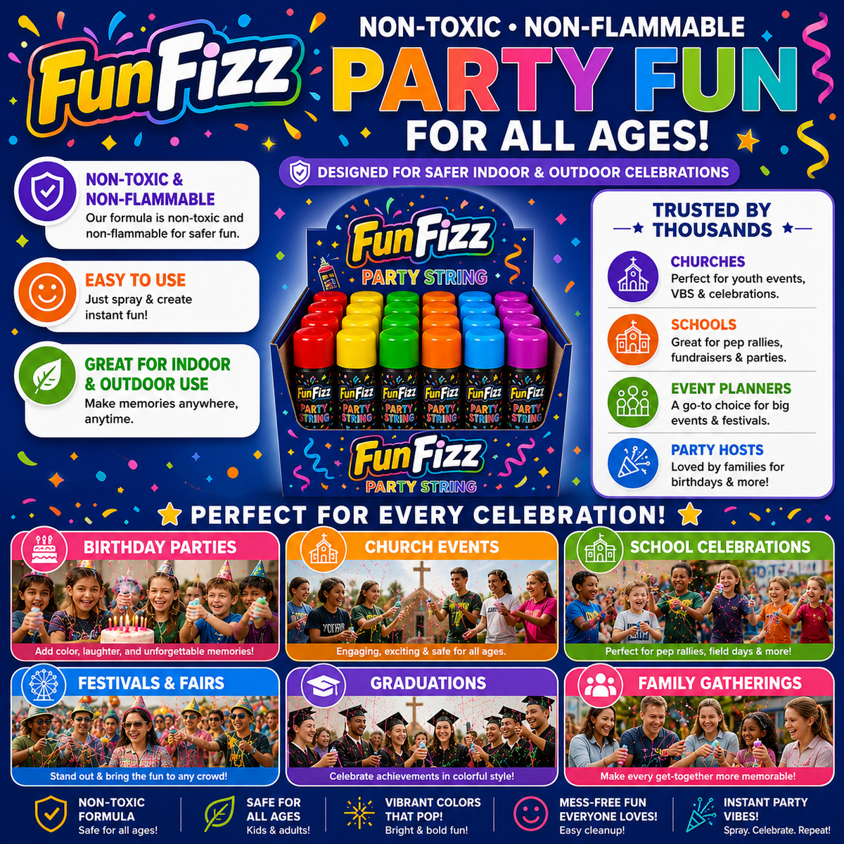 FunFizz Silly Party String Spray – 24 Pack, Non-Toxic Assorted Colors