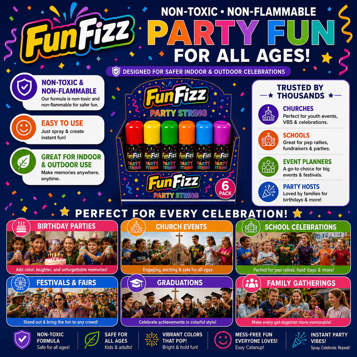 FunFizz Silly Party String Spray – 6 Pack, Non-Toxic Assorted Colors