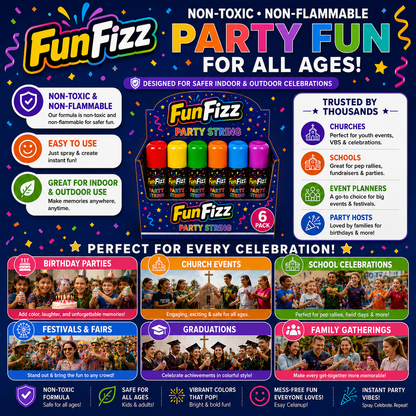 FunFizz Silly Party String Spray – 6 Pack, Non-Toxic Assorted Colors