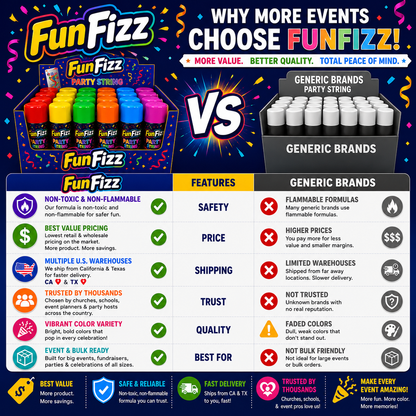 FunFizz Silly Party String Spray Bulk – 96 Pack, Non-Toxic Assorted Colors