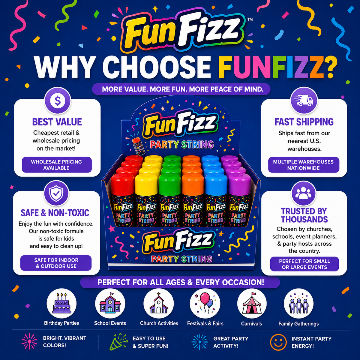FunFizz Silly Party String Spray – 24 Pack, Non-Toxic Assorted Colors