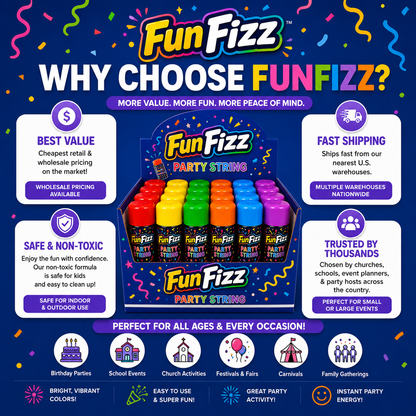 FunFizz Silly Party String Spray – 24 Pack, Non-Toxic Assorted Colors